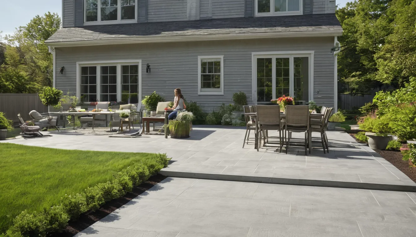Finished concrete patio beside a Canonsburg home with outdoor chairs and a table on a sunny afternoon